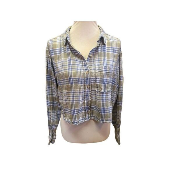 American Eagle Outfitters Blue/Green/White Plaid Long Sleeve Button Down Linen B - Picture 11 of 12